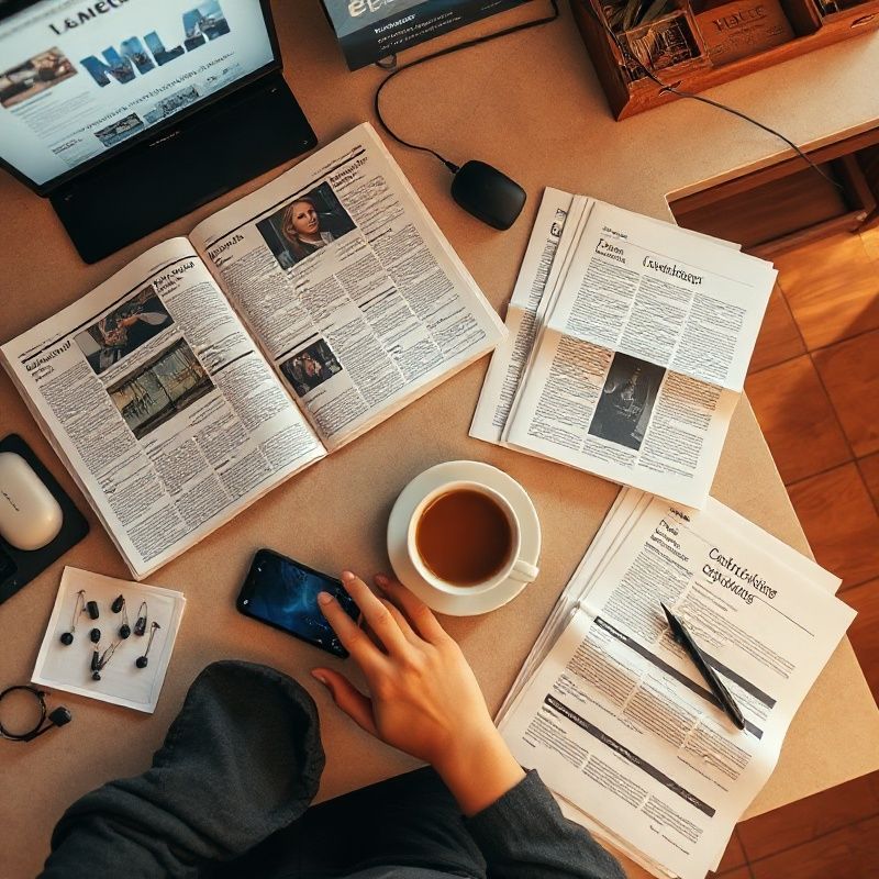 Escritorio de redacción con periódico abierto y notas sobre datos económicos